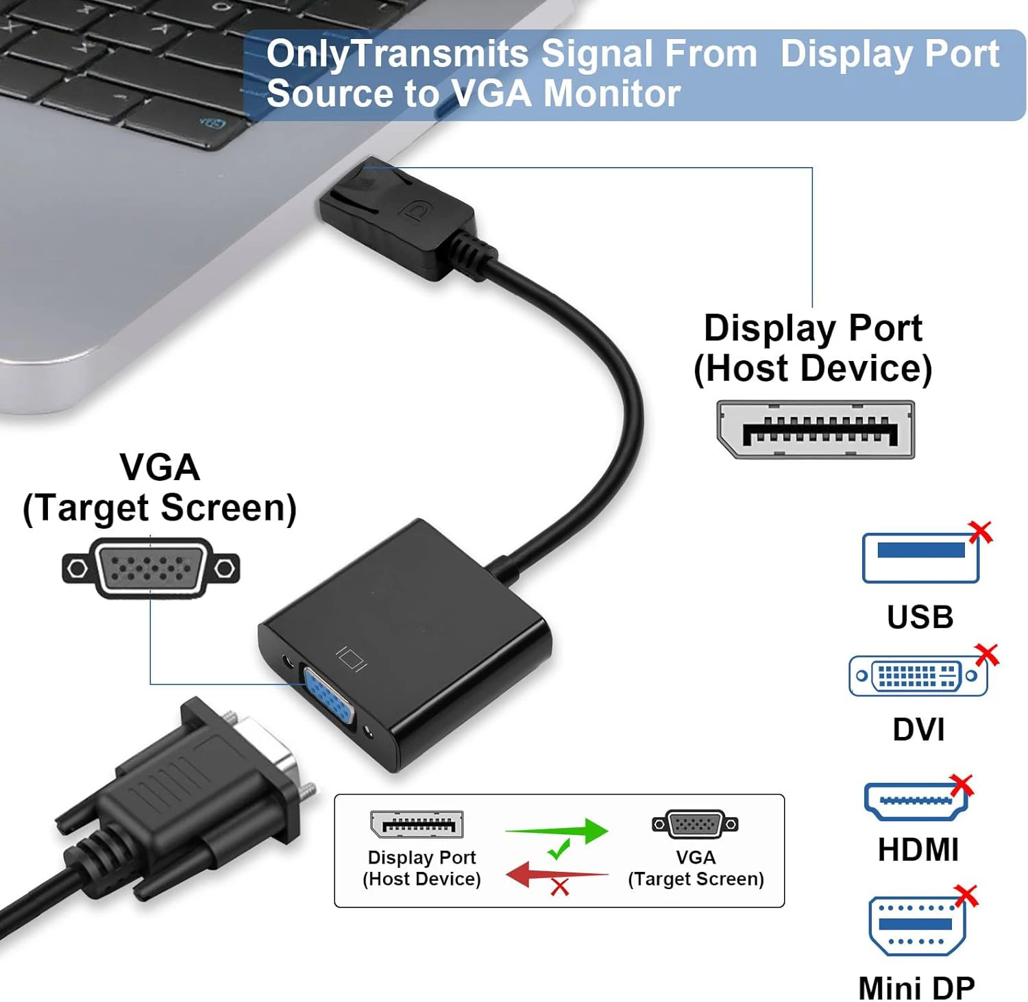 Gold Plated DisplayPort to VGA Cable Displayport to VGA Adapter 1080P@60Hz for DP Laptop PC Host to Target Monitor TV Projector