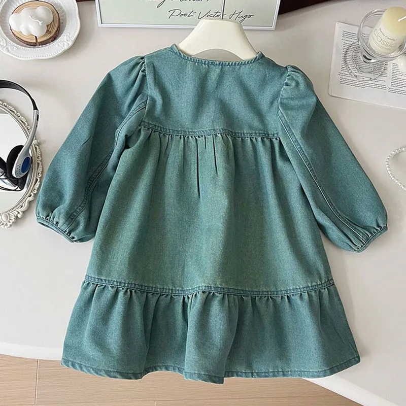 Big Girls Long Sleeve Denim Dress Autumn New 2024 Fall Dresses 2 3 4 5 6 7 8 9 10 Year Autumn School Teen Jeans Clothes Button