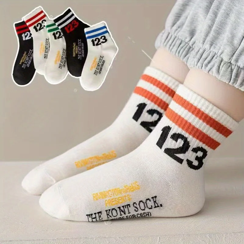 5Pairs Kids Number 123 Socks Boys Stripe Cuff Cotton Mid Socks Soft Breathable Children Casual Sports Socks