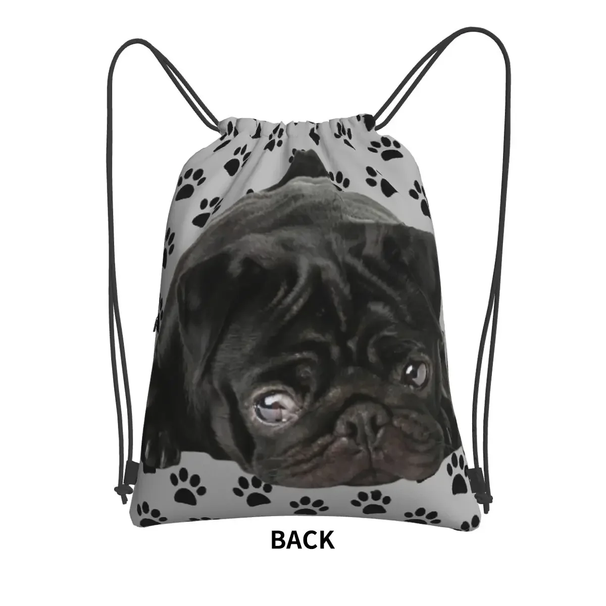 Adorable tas ransel portabel Pug hitam tas tali serut bundel Fashion tas sepatu saku untuk perjalanan olahraga Pria Wanita