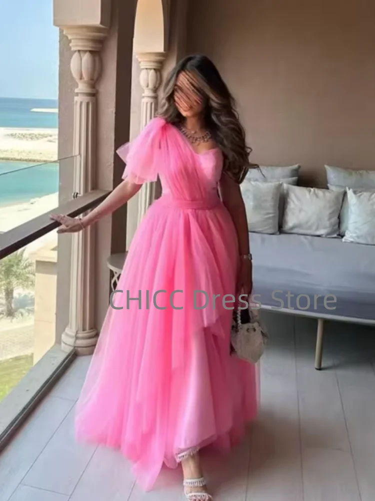 Formele galajurken A-lijn één schouder geplooide roze avondjurk Saoedi-Arabische afstuderen Quinceanera feestjurken op maat