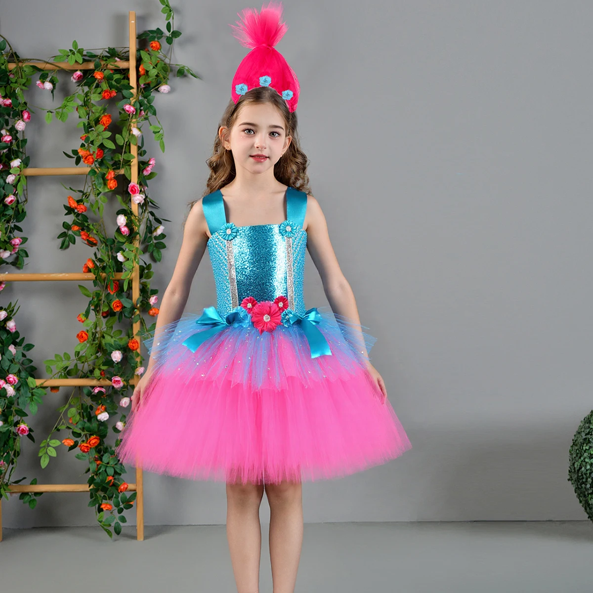 Sparkly Trolls Tutu Dress with Headband for Girls Princess Poppy Birthday Party Costumes Kids Magic Elf Tutu Flower Outfit