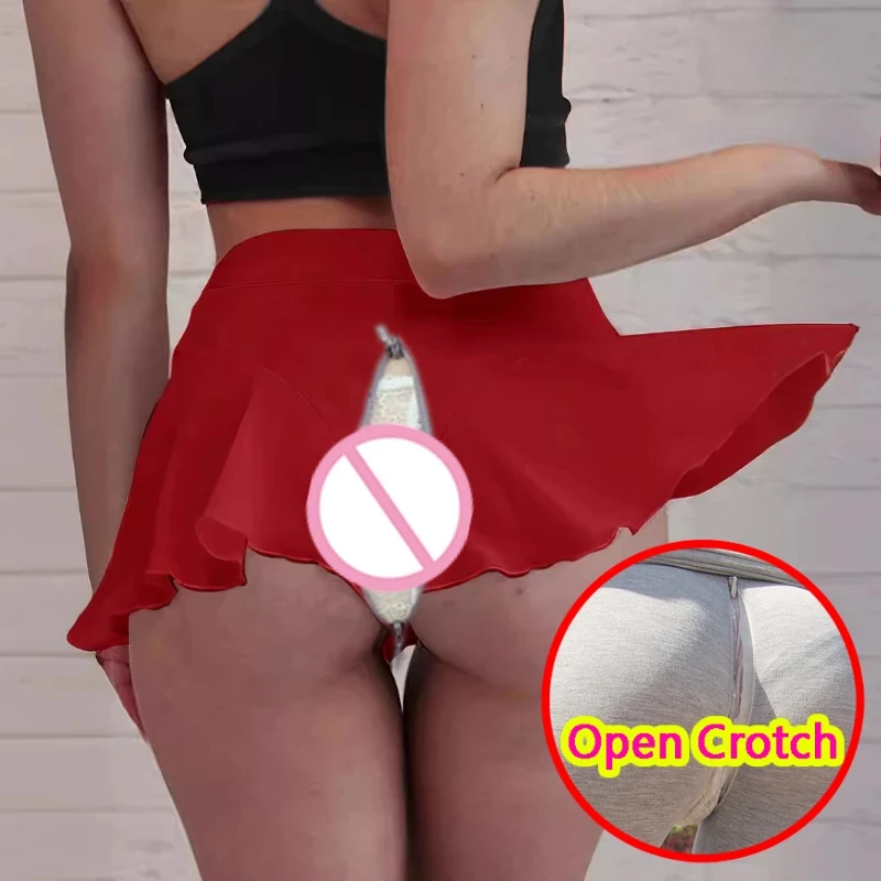 ผู้หญิงเปิด Crotch เซ็กซี่ Ruffled Edge ปลอมชุด Skinny Sporty กางเกงขาสั้นสาว Casual Bodyshapping Mini Leggings Crotchless Clubwear