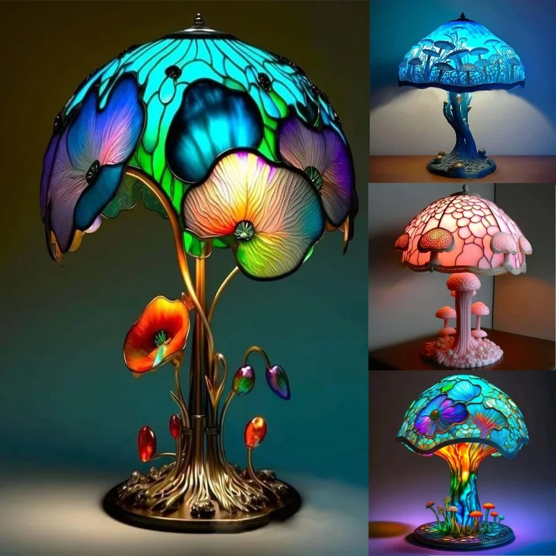 Creative Stained Plant Series Table Lamps Resin Colorful Bedroom Bedside Flower Mushroom Retro Table Night Lamp Atmosphere Light