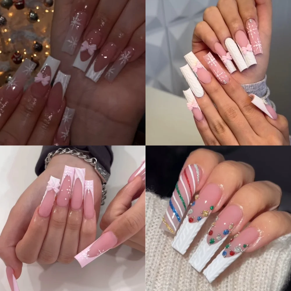 

Рождественский пресс на ногтях, квадратные розовые и белые накладные ногти ручной работы, розовая и белая картина, французский 3D-дизайн снежинки, многоразовый набор для ногтей из 10 шт.