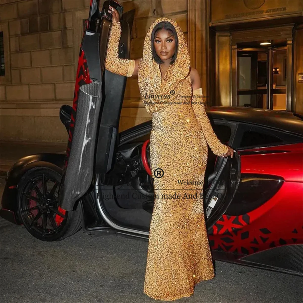 

Glitter Gold Mermaid Prom Dresses Long Sleeves Sequins Sparkly Women Special Occasion Evening Gowns Floor Length Party Dress