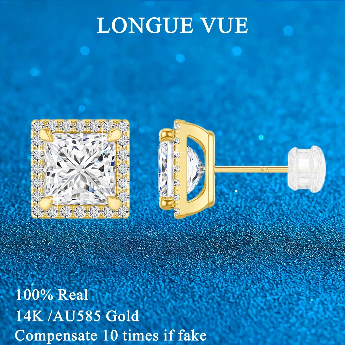 

100% настоящее золото 14 карат, 1 карат, серьги с муассанитом огранки принцессы, инкрустированные цирконом, женские и мужские серьги-гвоздики для свадебной вечеринки, цвет D, VVS, ювелирные изделия
