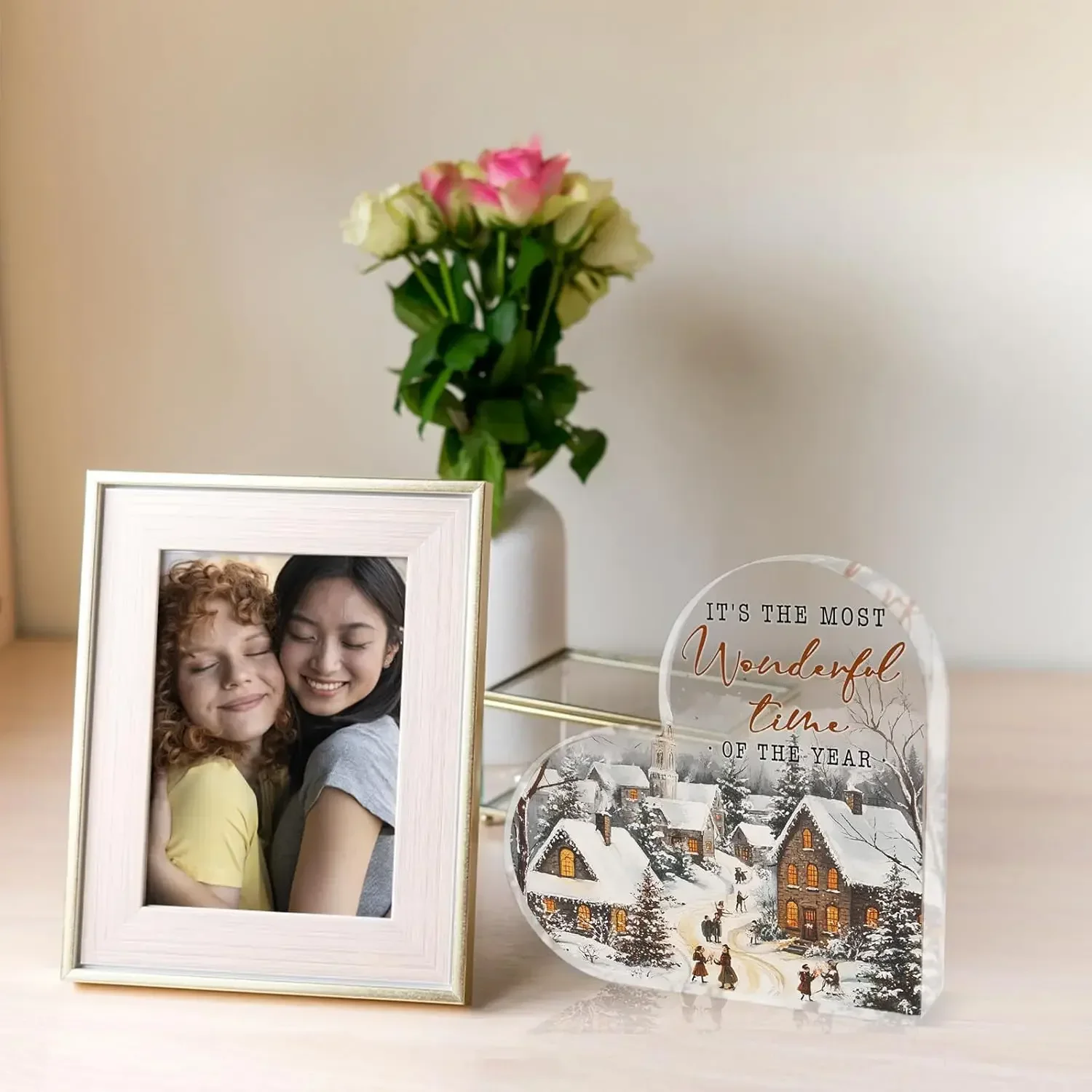 Heart Acrylic Plaque It's The Most Wonderful Time Of The Year Winter Snow Village Christmas Desk Decor