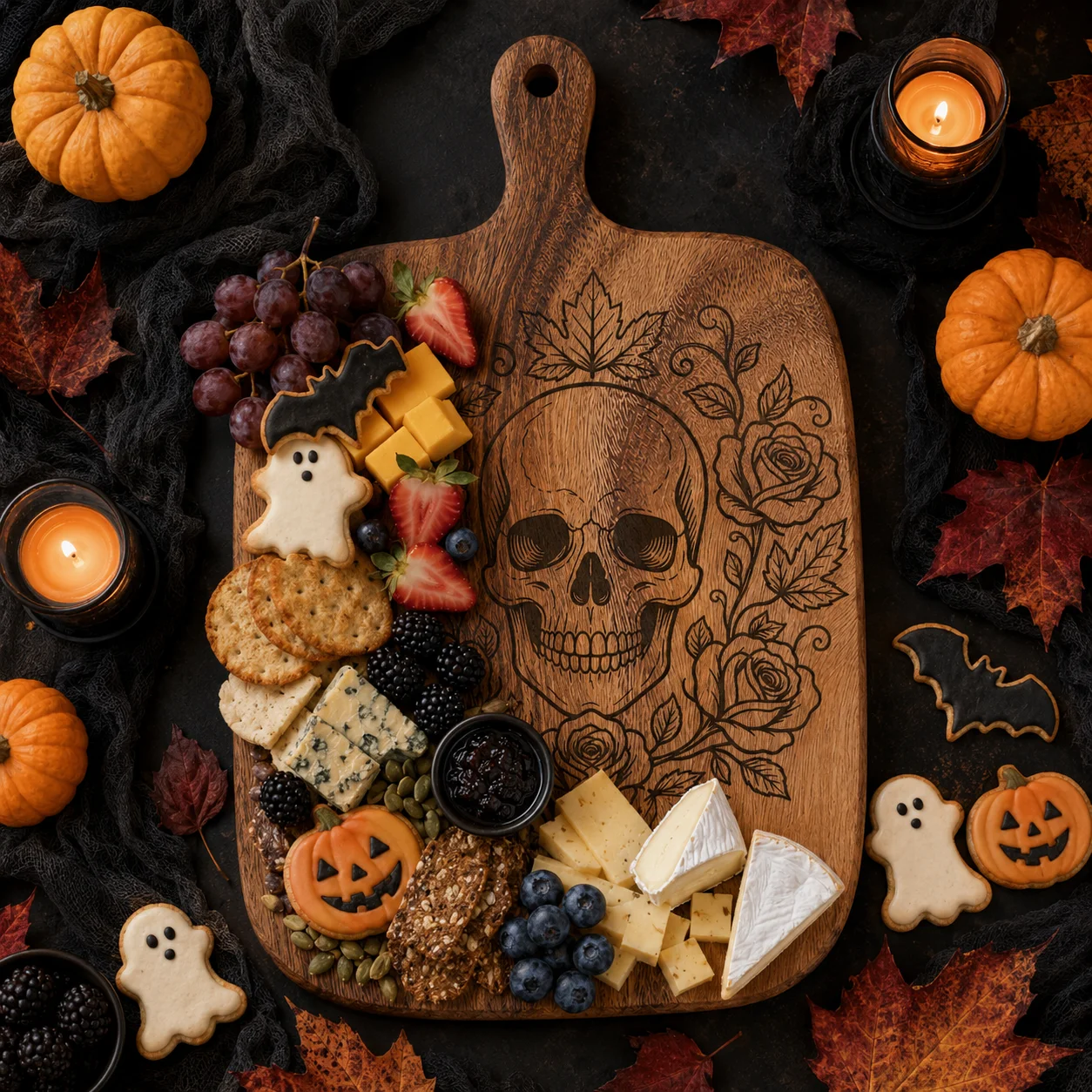 2Pcs/1Pc Halloween Skull Design Wooden Carved Cutting Board Artistic Carved Steak Board Tabletop Decorative Cutting Board Stylish Long Handle, Solid Wood, Used for Cutting Meat, Cheese, Bread, Vegetables, and Fruits - Deli Board, Cheese Serving Board, Perfect for Food Slicing and Presentation, Portable Camping Cutting Board, a Must-Have for Modern Home and Country Kitchens Mother's Day Gifts, Wedding Season Kitchen Supplies