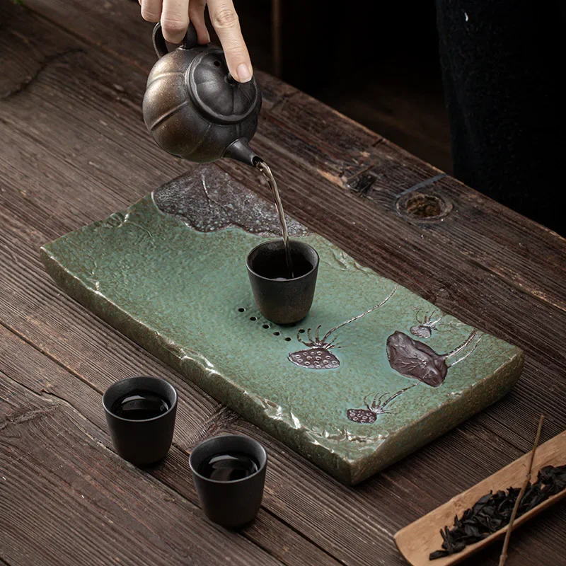 Ailian Said Dry Pour Tea Tray Japanese Small Rectangular Stoneware Water Storage Tea Table Household Gilding Ceramic Tea Tray