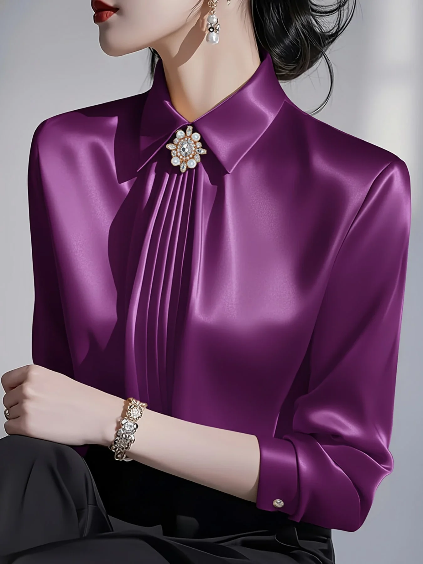 

Women's Solid Color Collared Long Sleeve Satin Blouse Elegant Office Shirt