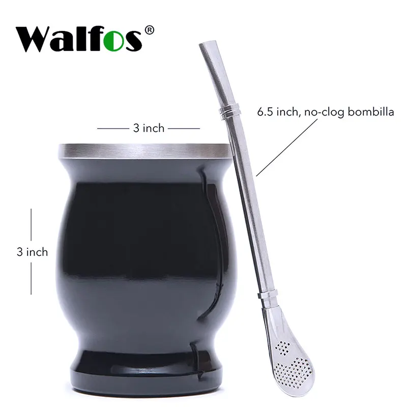 Walfos 1Pcs Natural Gourd Tea Cup Set 8 Ounces Bombillas Yerba Mate Straw Cleaning Brush Stainless Steel Double-Walled Milk Mug