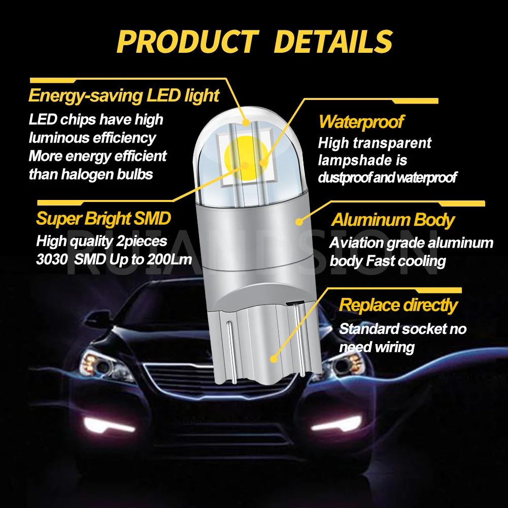 Ruiandsion T10 Car Light Led Light Trunk Light 3030 2SMD License Plate Light Dome Light White Warm White Non Polarity 12V 200Lm