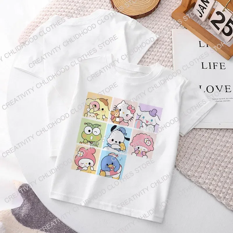 Hello Kitty Children\'s T-shirt Y2k Kawaii Sanrio Kuromi Melody Anime Tee Shirts Cartoons Kid Girl Boy Streetwear Casual Clothes