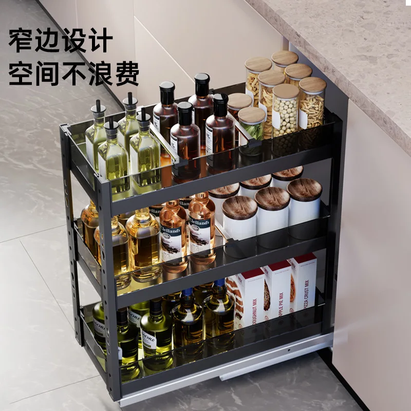 Space aluminum kitchen pull basket drawer type black crystal seasoning basket narrow cabinet small size glass pull