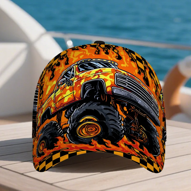 Monster Truck Flame Print Baseball Cap Cool Off Road Vehicle Pattern Adjustable Trucker Hat For Men Boys Outdoor Racing