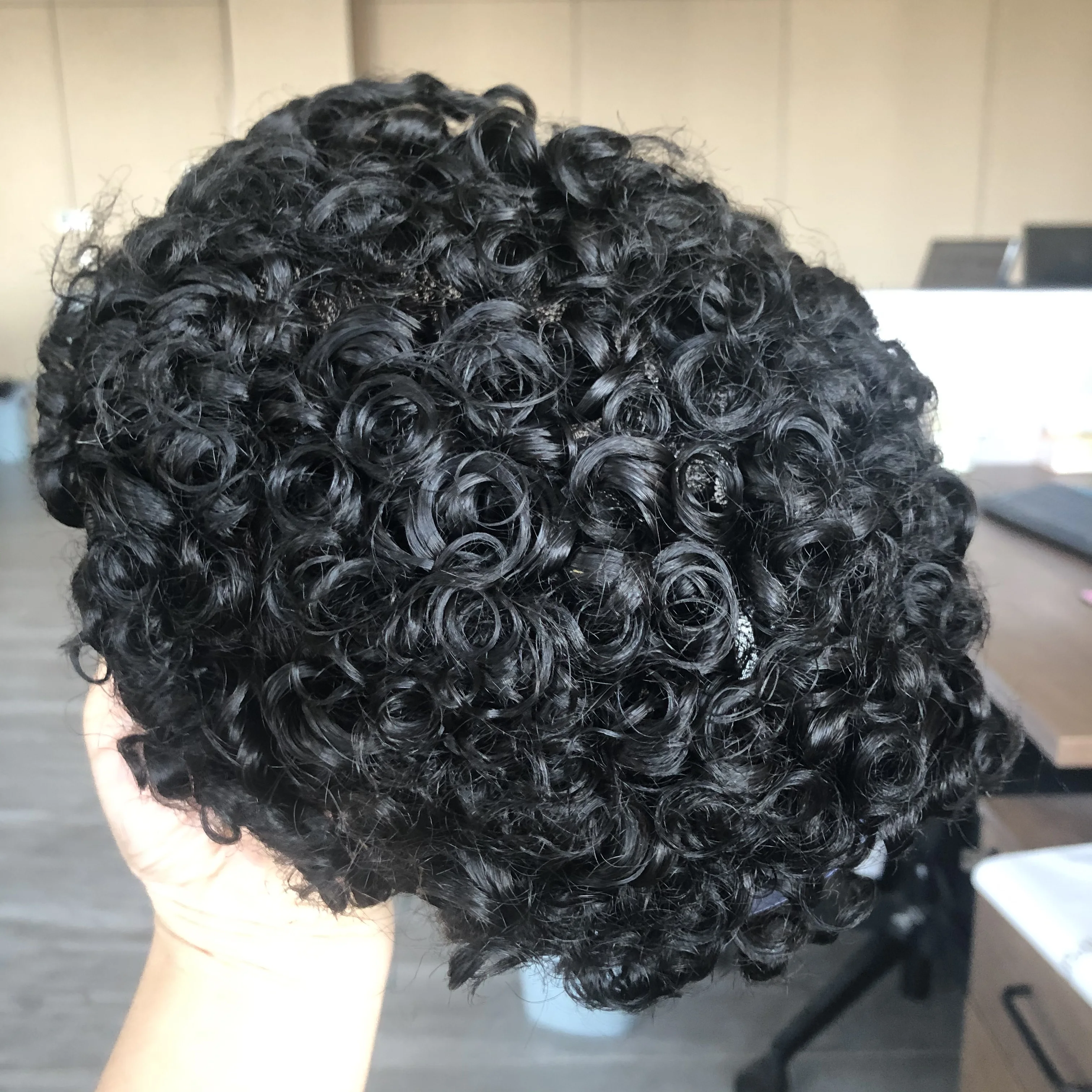 Coklat pria 100% rambut manusia Sistem prostesis 18mm keriting Afro hitam pria tahan lama penuh PU dasar rambut palsu alami garis rambut