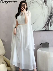Bohemian Fashion White Chiffon Long Dress Women O-neck Sleeveless Cape Shawl Party Robes Femme Autumn New Beaded Vestidos