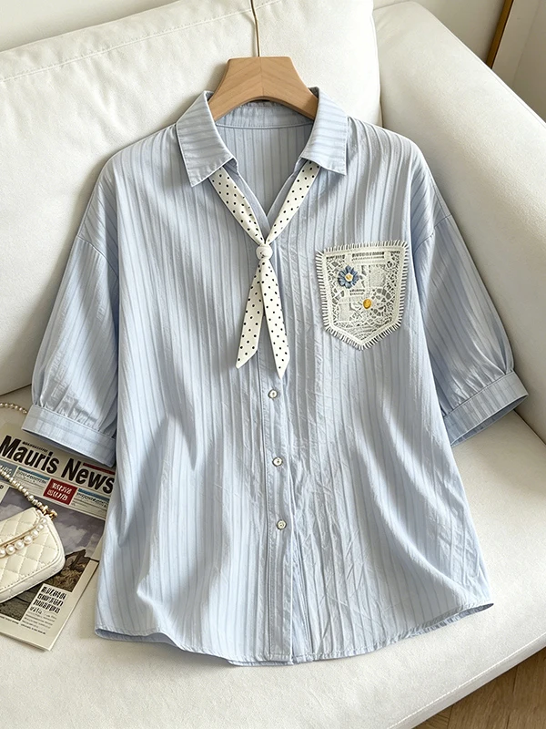 

Blue Polka Dot Striped Large Size Silk Scarf V-Neck Shoulder Shirt Women's Summer New Style Anti-Aging Top Korean Style Commute