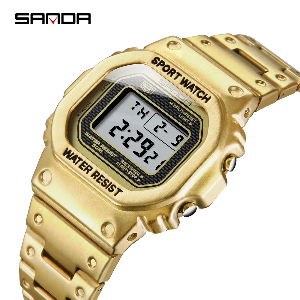 

Fashion Sanda Top Brand Military Sport Men Clock 50m Waterproof Square Watches Full Stainless Steel Strap Digital Reloj Hombre