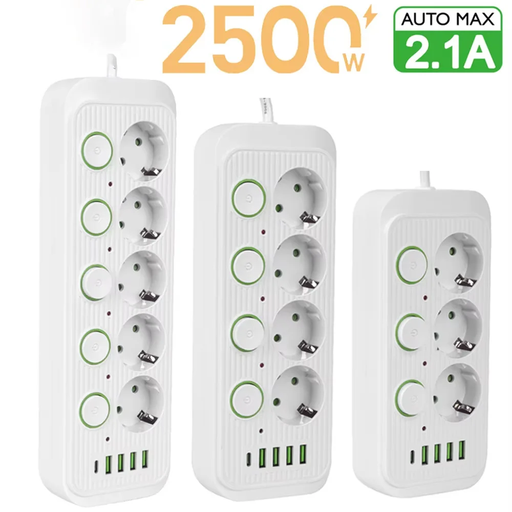 EU Power Strip Schuko Socket with Individual Switches 4 USB Ports 2.1A Auto Max 2M Extension Cord 2500W Multi Outlet Socket for