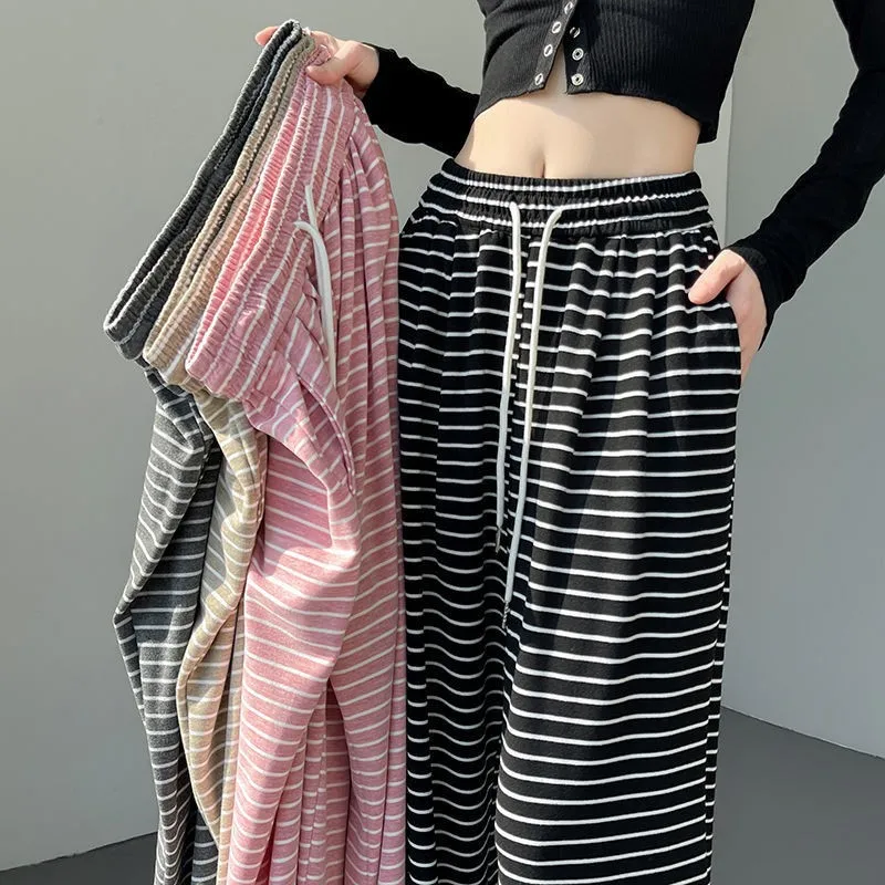 

Новые утепленные женские брюки из рисовой ткани с широкими полосатыми штанинами, высокой талией, стройнящие, теплые, прямые, для весны/осени/зимы