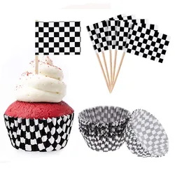 48pcs Checkered Black and White Racing Stick Flag 100pcs Checkered Baking Cups Cupcake for Race Car Party Birthday Decorations