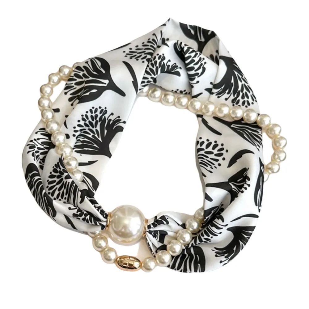 Silk Material Magnetic Pearl Scarf Small Pearl Magnetic Buckle Long Thin Shawl Long Style Neck Warmer All-Match Accessory