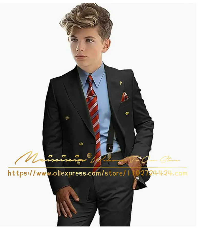 

Black Boys Suits Double Breasted Jackets Pants Wedding Tuxedos Formal Party Dresses Kids Fashion Clothes Custom Outfits