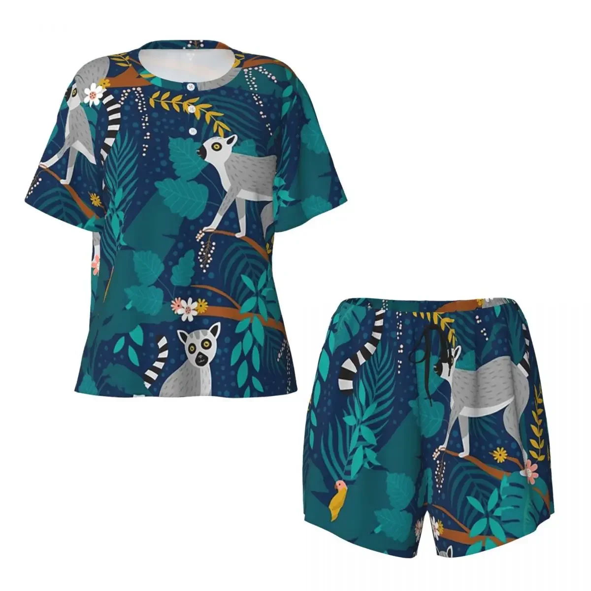 

Lemurs In A Blue Jungle Round Neck Short Sleeves Nightdress for Sleeping Sleepshirts Women Loose Pajama Set Short Pants