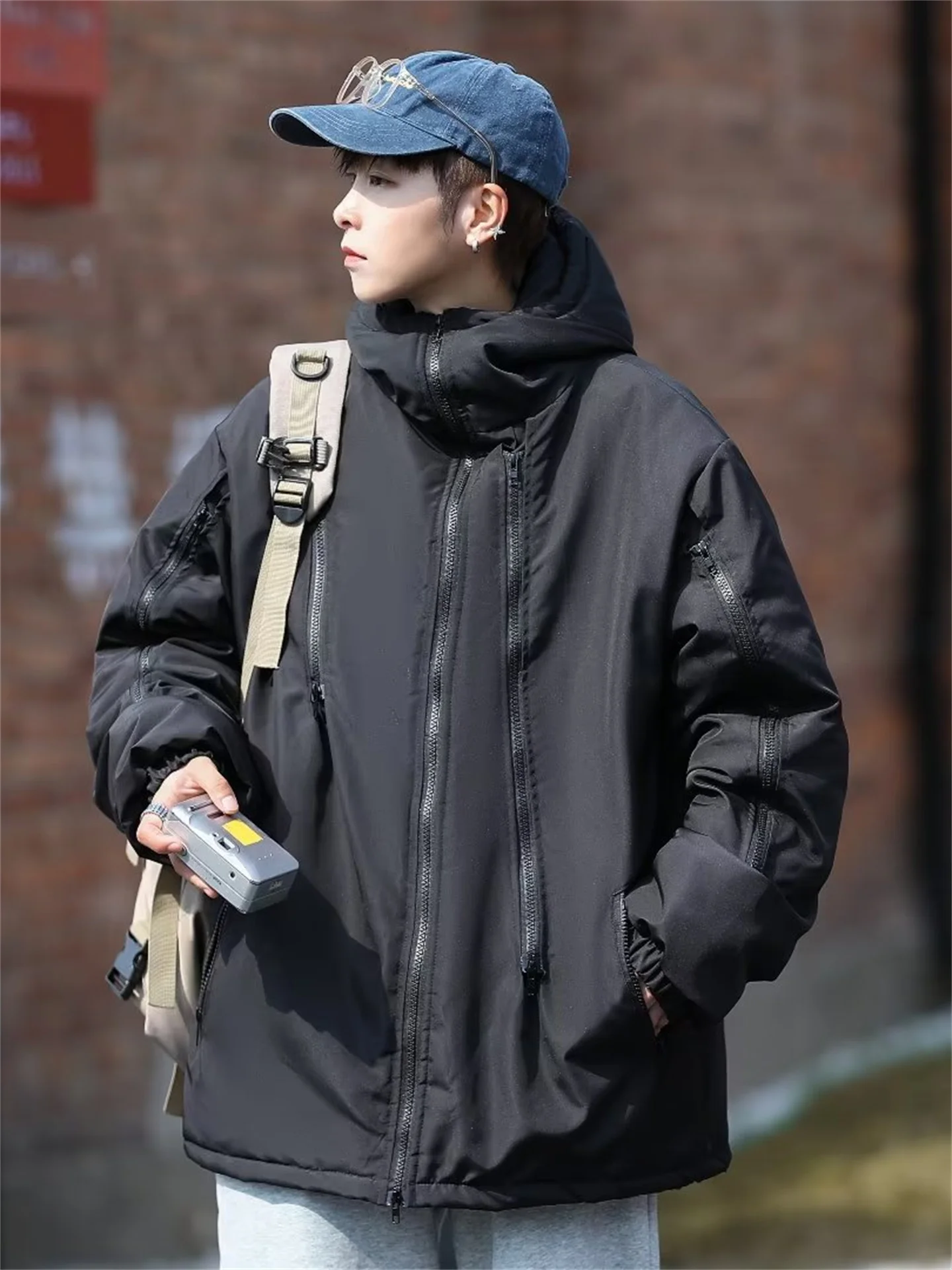 

Thiened American Bla Cotton Jaet for Men Winter Hooded Zipper Design Trendy Climbing Jaet Outerwear Casual Sle