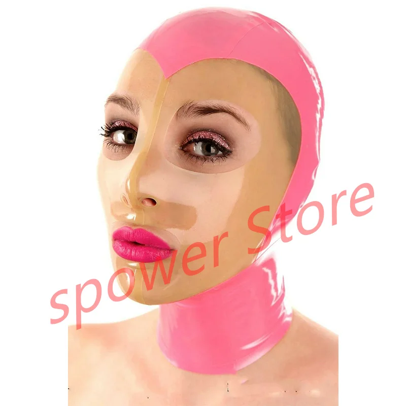 

Natural Latex Full Head Latex Hoods Rubber Mask Fetish Cosplay Costumes Pink with Transparent Back Zip Club Wear