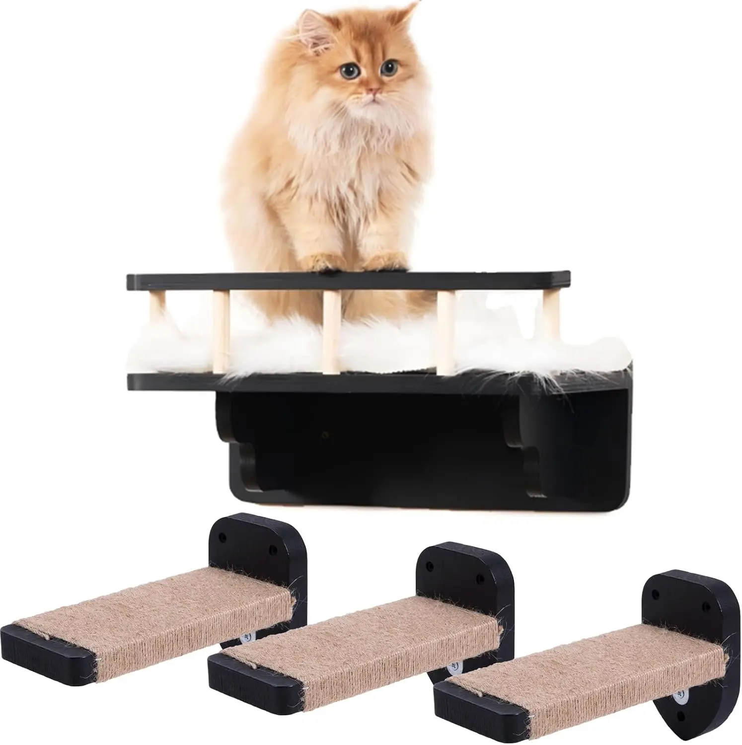 

Cat Wall Shelf with 3 Steps, Plush-Covered Cat Climbing Shelf for Indoor Cats (Black)