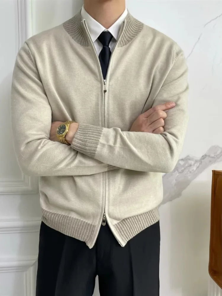 

Модный удобный трикотаж с двойной молнией, мужской облегающий кардиган с воротником-стойкой, модный универсальный осенне-зимний свитер