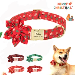 Personalized Christmas Dog Collar Customized Plaid Pet Collars With Flower Free Engraved Nameplate For Small Medium Large Dogs