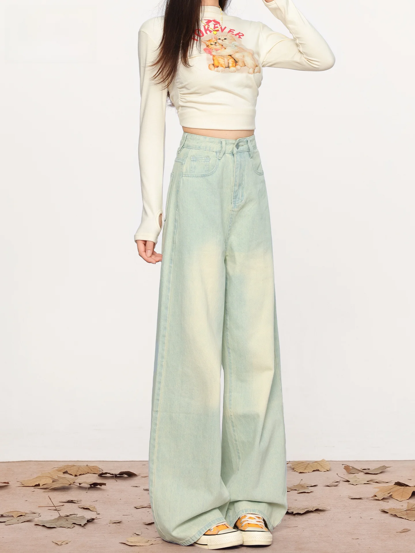 

Американские джинсы с высокой талией и широкими штанинами для женщин, свободные, струящиеся, повседневные, весенние, новая модель, джинсы в пол свободного кроя