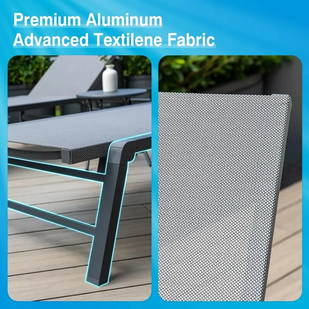 Chaise Lounge Outdoor, Aluminum Outdoor Chaise Lounge Set of 2 Assemble-Free, Patio Lounger Poolside Lay Flat Sunbathing