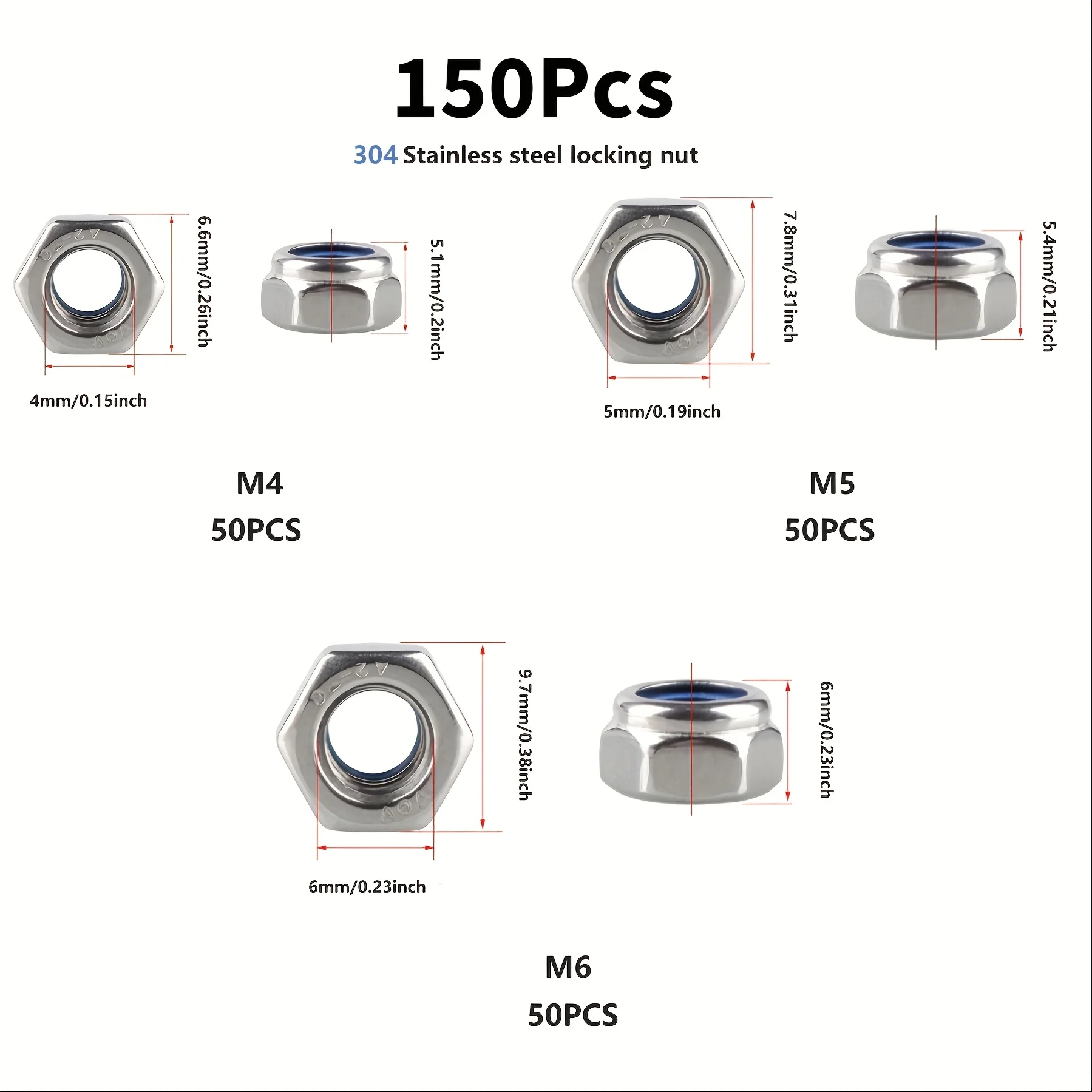 150 قطعة من صواميل النايلون المقاومة للانزلاق ذاتية القفل من الفولاذ المقاوم للصدأ - M4/M5/M6، أغطية لولبية سداسية للبناء والصيانة