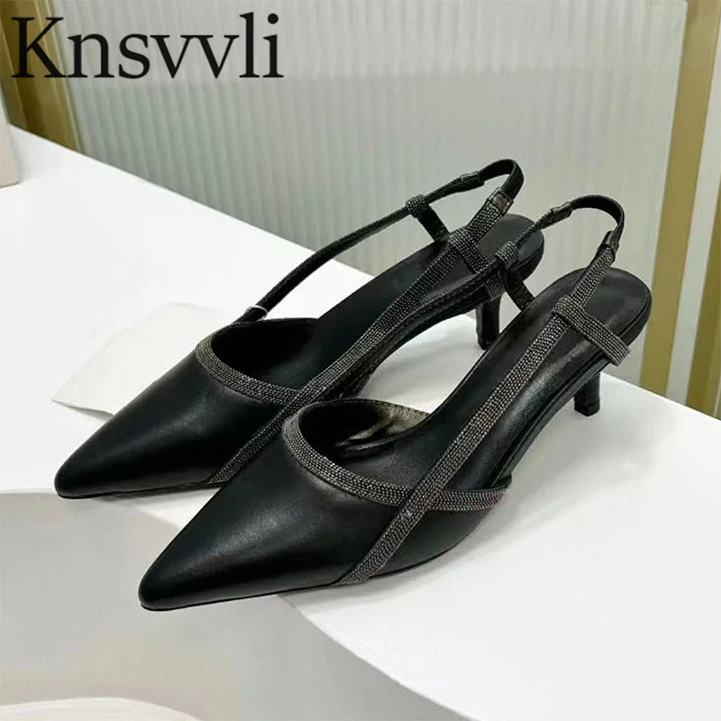 

Luxury High Heels Summer Shoes Woman Pointed Toe Suede Leather Slingbacks String Bead Women Pumps Kitten Heels Sandals Women