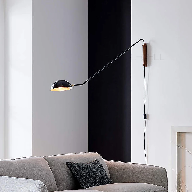 

Metal Wall Lamp Italy Modern Long Arm for Living Room Sofa Light Wall Mounted Lamp with Wooden Base Design Rotatable