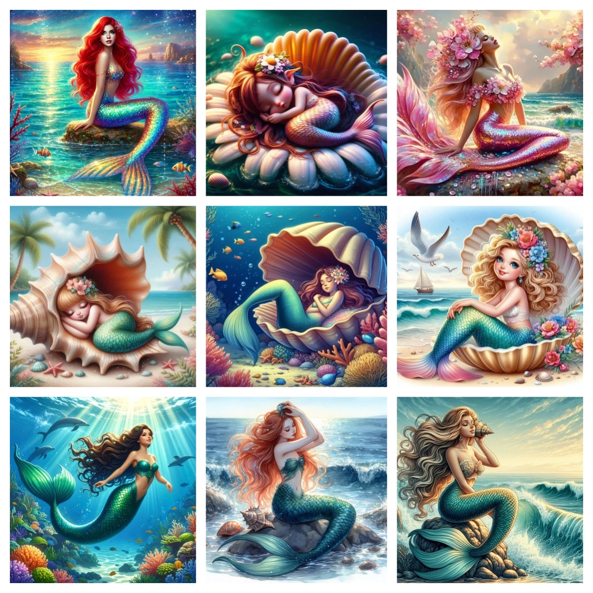 

Diamond Art Blue Green Mermaid Summer Seashell and Conch Diamond Painting New Rhinestones Picture DIY Cross Stitch Home Decor
