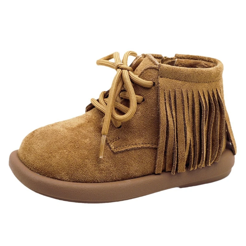 Fashion Tassel Snow Boots For Kids Girls 2024 Genuine Leather Solid Camel Brown Ankle Boots For Children Women Winter Suede Shoe