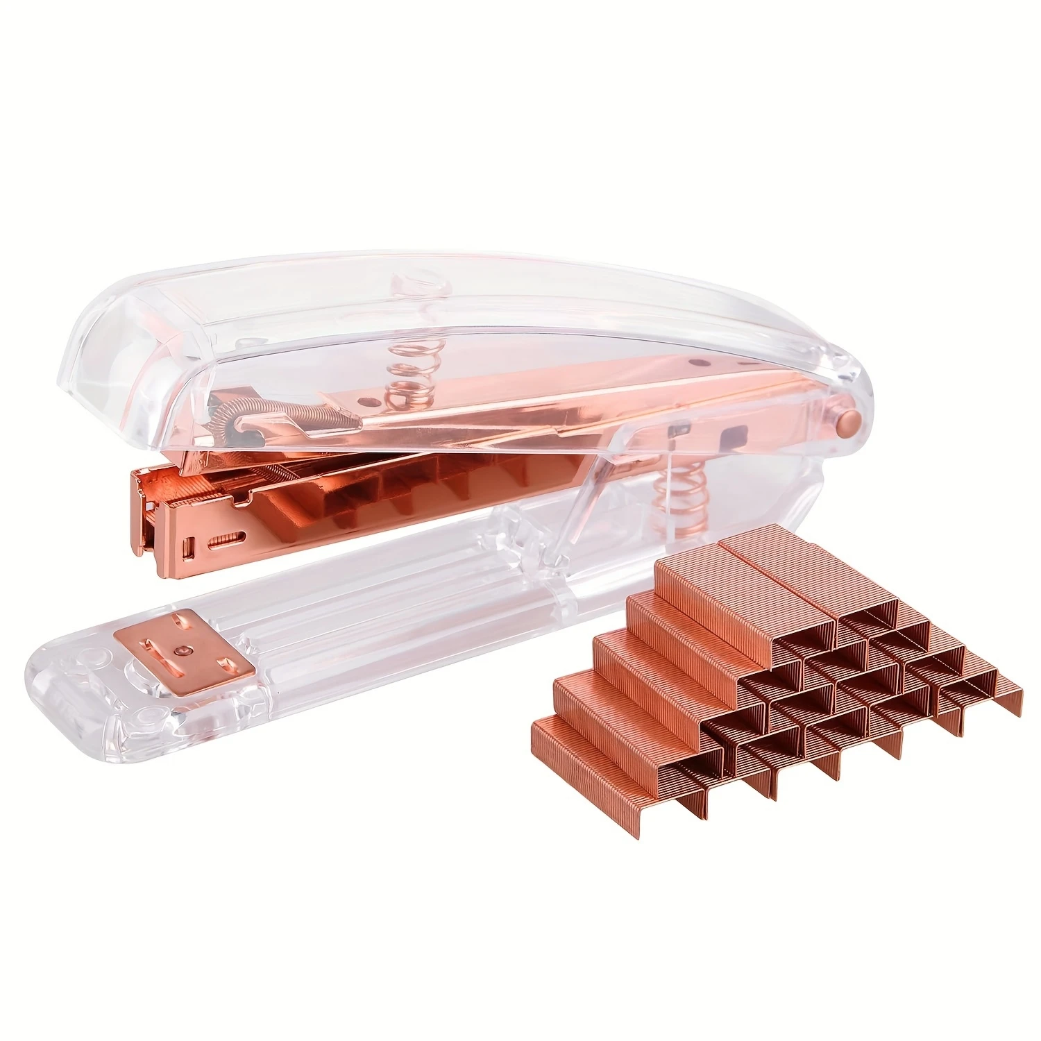 Small Office Stapler,Transparent Spring Powered Desktop Standard Stapler with Free 1000 Pieces Standard Staples - Rose Gold