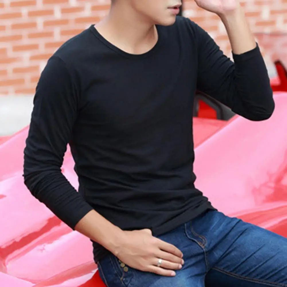 Base Layer Top Men\'s Long Sleeve Round Neck T-shirt Solid Color Top for Fall Spring Soft Breathable Mid Length Pullover