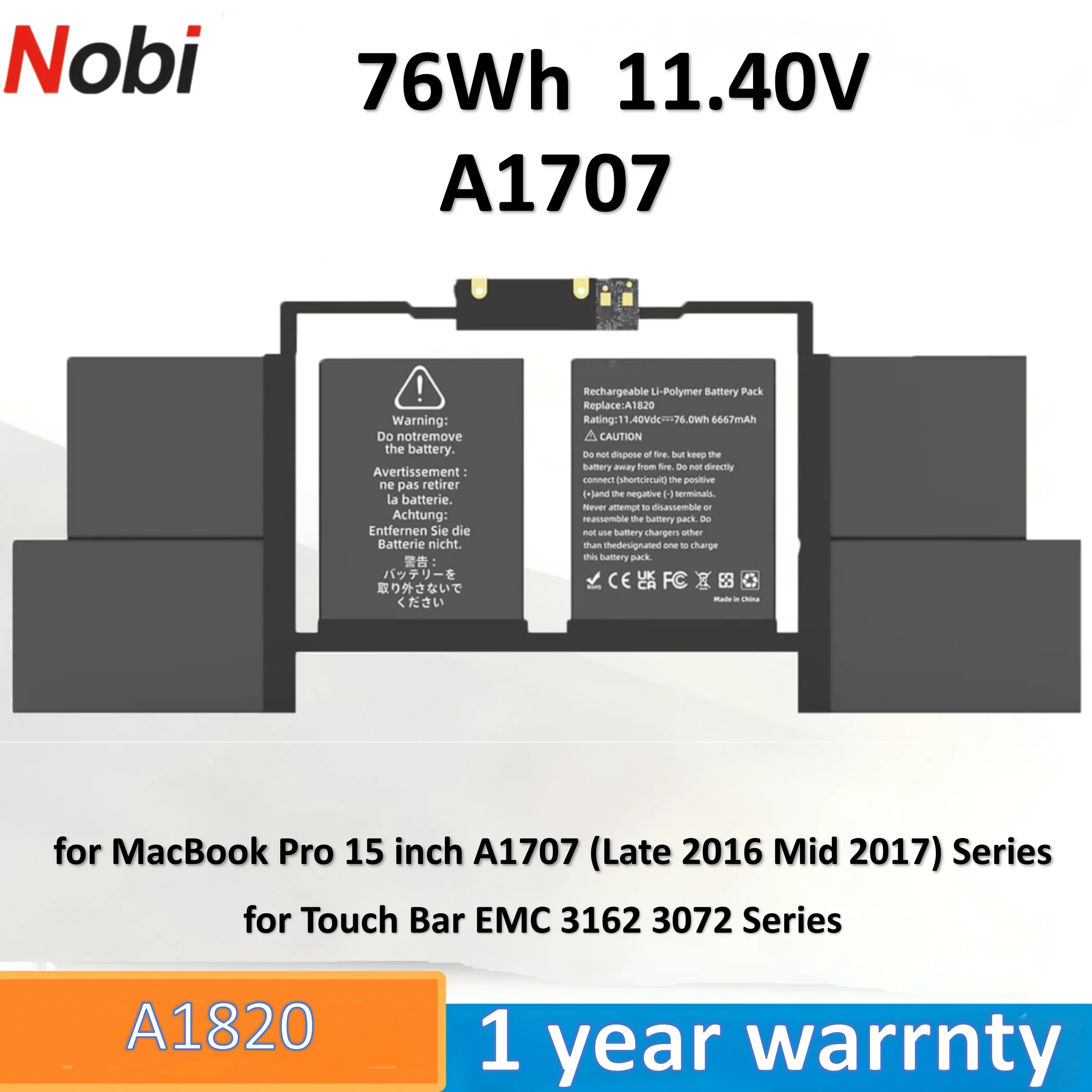 

Nobi A1820 Laptop Battery compatiable with for MacBook Pro 15 inch A1707 (Late 2016 Mid 2017) Touch Bar EMC 3162 3072 Series