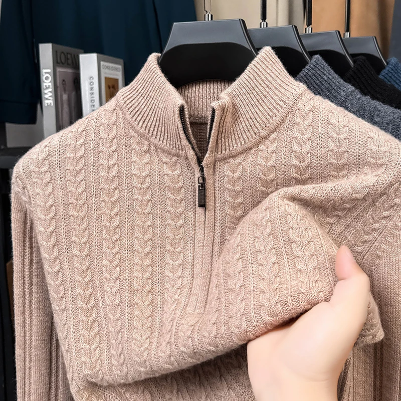 

Мужской джемпер из 100% овечьей шерсти, зимняя мода 2025 года, витые толстые свитера, трикотаж с длинными рукавами, пуловер, кашемировая шерсть, одежда на молнии