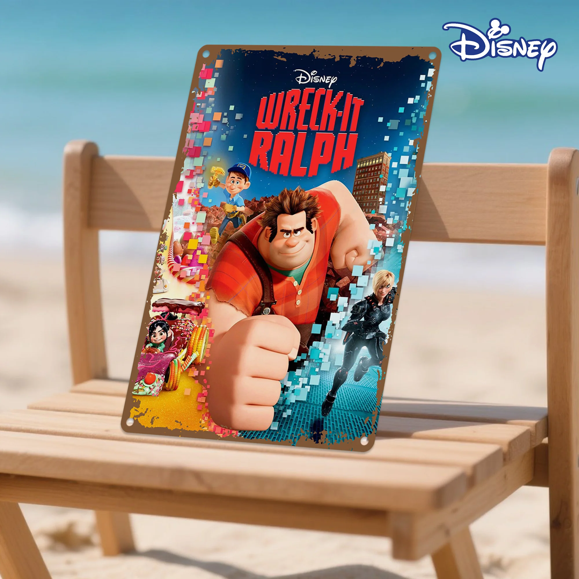 قطعة واحدة من علامة Wreck-It Ralph المعدنية المصنوعة من القصدير - 20.32 × 30.48 سم طباعة فنية نابضة بالحياة مع شخصيات مميزة، موضوع الحركة، مثالية لـ Home Deco