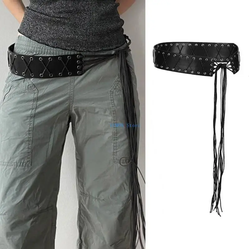 D0UD حزام مشد ذاتي العقد مهدب حزام خصر أنيق للسيدات حزام PU مزخرف