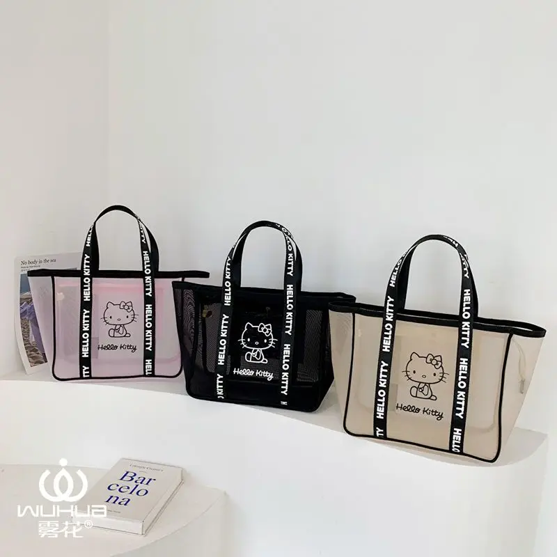 

Cartoon Hello kitty anime transparent mesh bag large capacity handbag fashion cosmetics storage bag girly heart cute kawaii gift