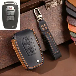 Handmade Leather Smart Car Key Case Cover protector Holder For Ssangyong 2015 2016 Tivoli Rexton Korando C 3 Button FOB Key